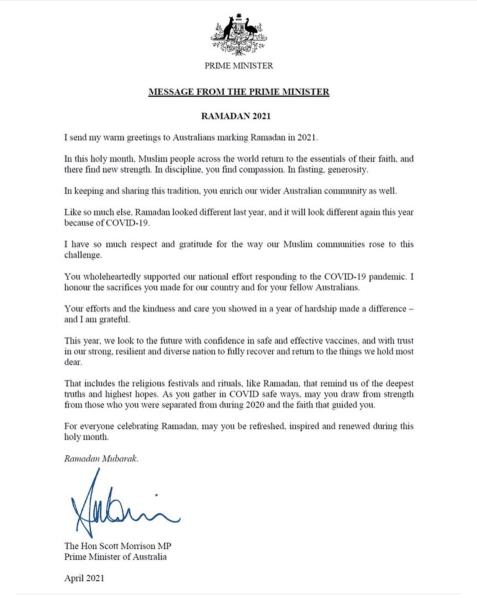 پیام تبریک نخست وزیر استرالیا به مناسبت فرا رسیدن ماه رمضان